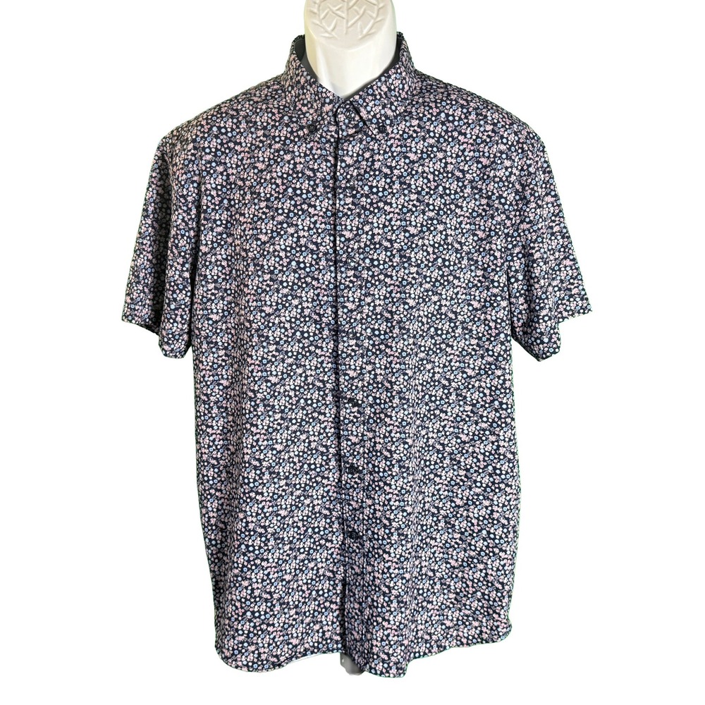 Michael Strahan Button Up Shirt Mens Large Blue Pink Floral Slim Fit Stretch
